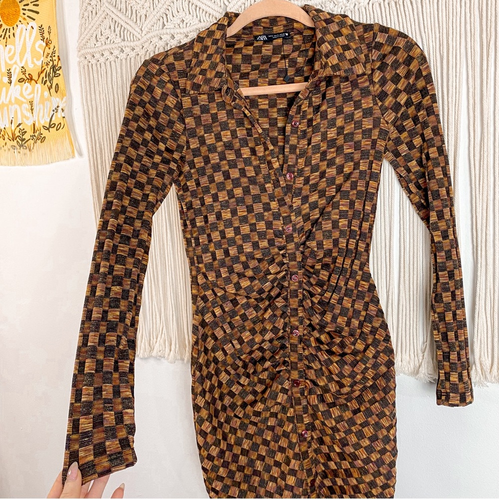 Zara Retro Checkered Print Ruched Button Down Long Sleeve Fall Dress Size Small